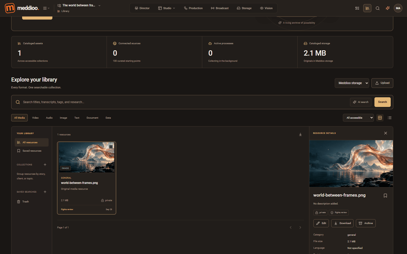 Meddioo — Library showing an uploaded original artwork thumbnail, preview and resource details.