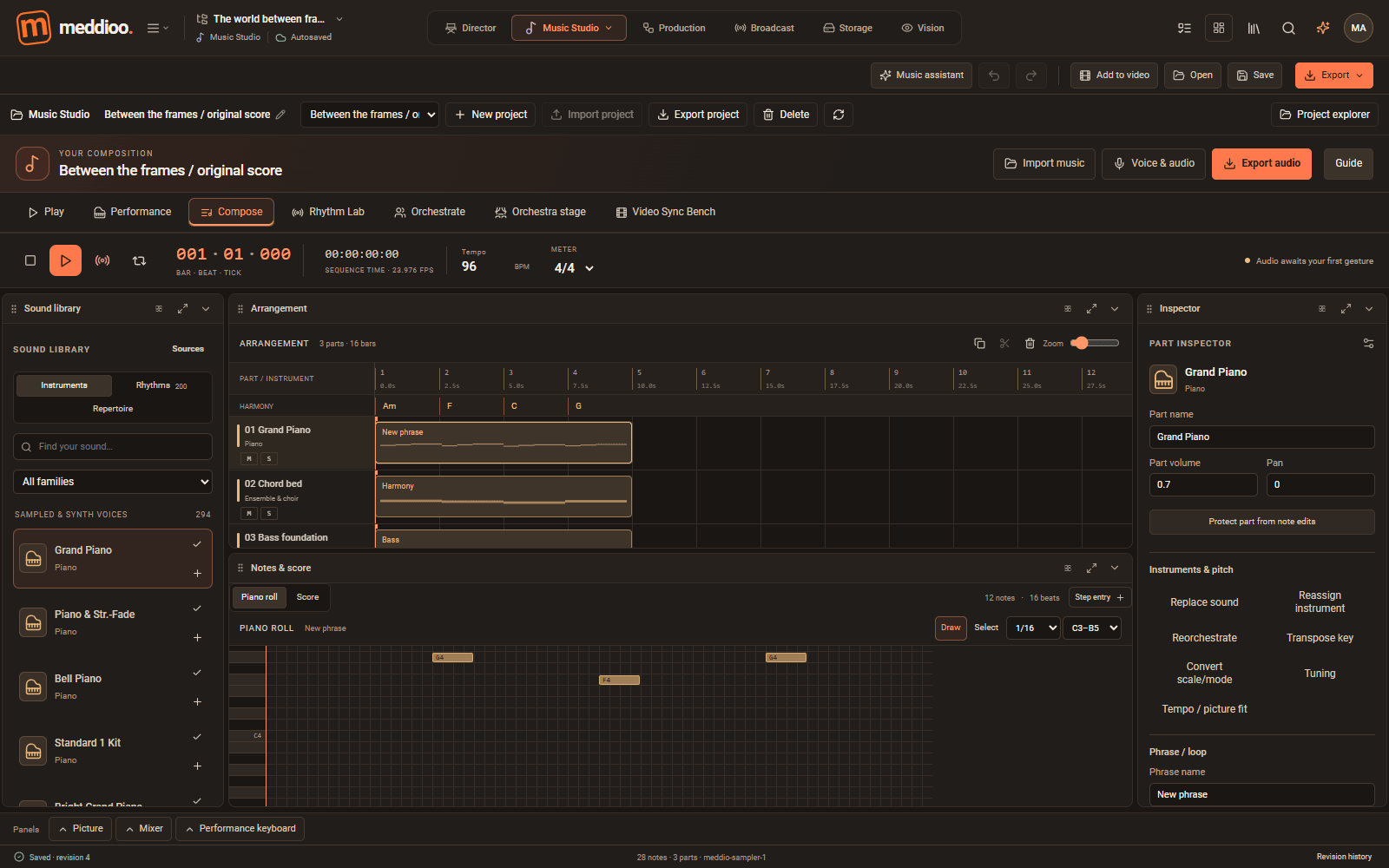 Meddioo — Music Studio showing an arrangement and piano roll with melody, chords and bass parts.