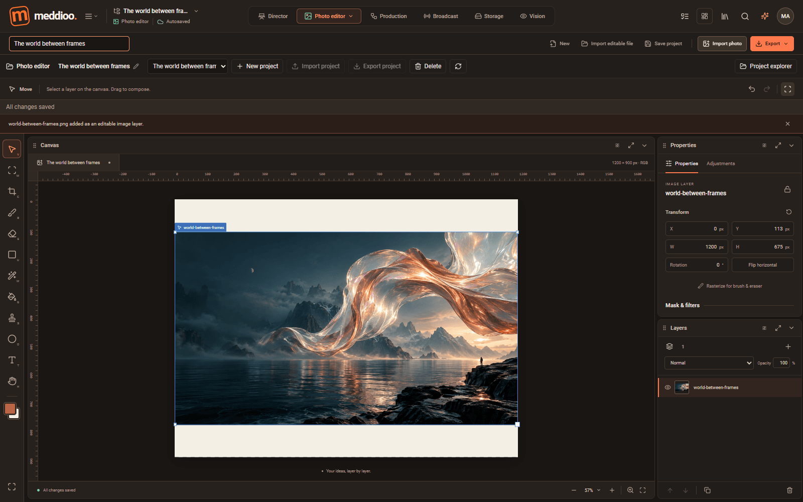 Meddioo — Photo editor with imported original artwork, transform controls and editable layers.