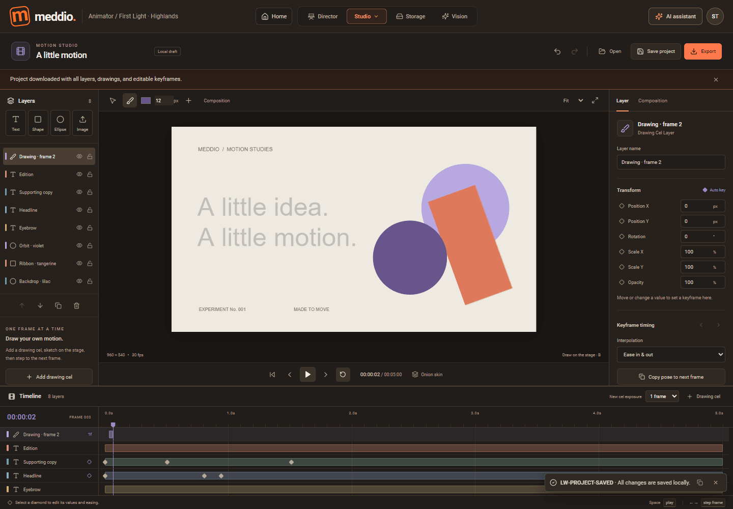 Meddioo — Animator with its A little motion sample composition, editable layers and keyframe timeline.