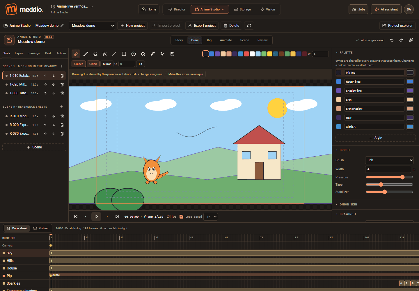 Meddioo — Anime Studio Draw view with the Meadow demo, drawing tools, shared palette and exposure timeline.