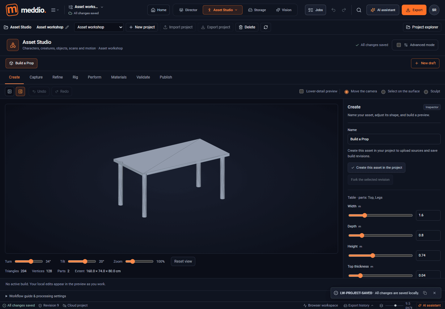 Meddioo — Asset Studio Build a Prop workbench with a parametric table preview and dimension controls.