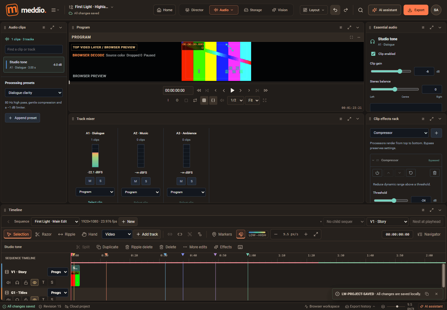 Meddioo — Audio workspace with a test-signal clip, track mixer, clip gain and compressor controls.