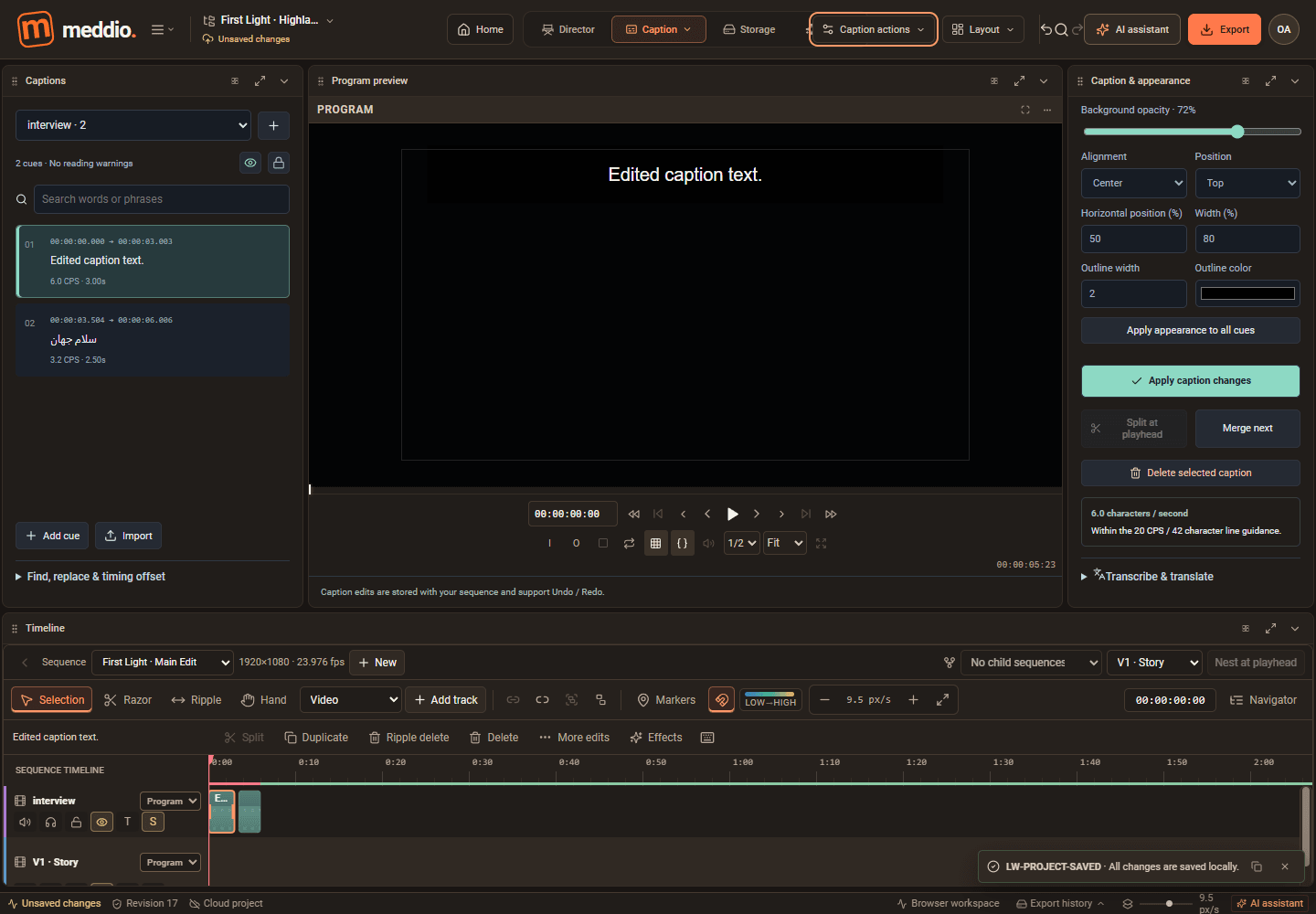 Meddioo — Caption workspace with two sample subtitle cues, editable caption appearance and a timeline.