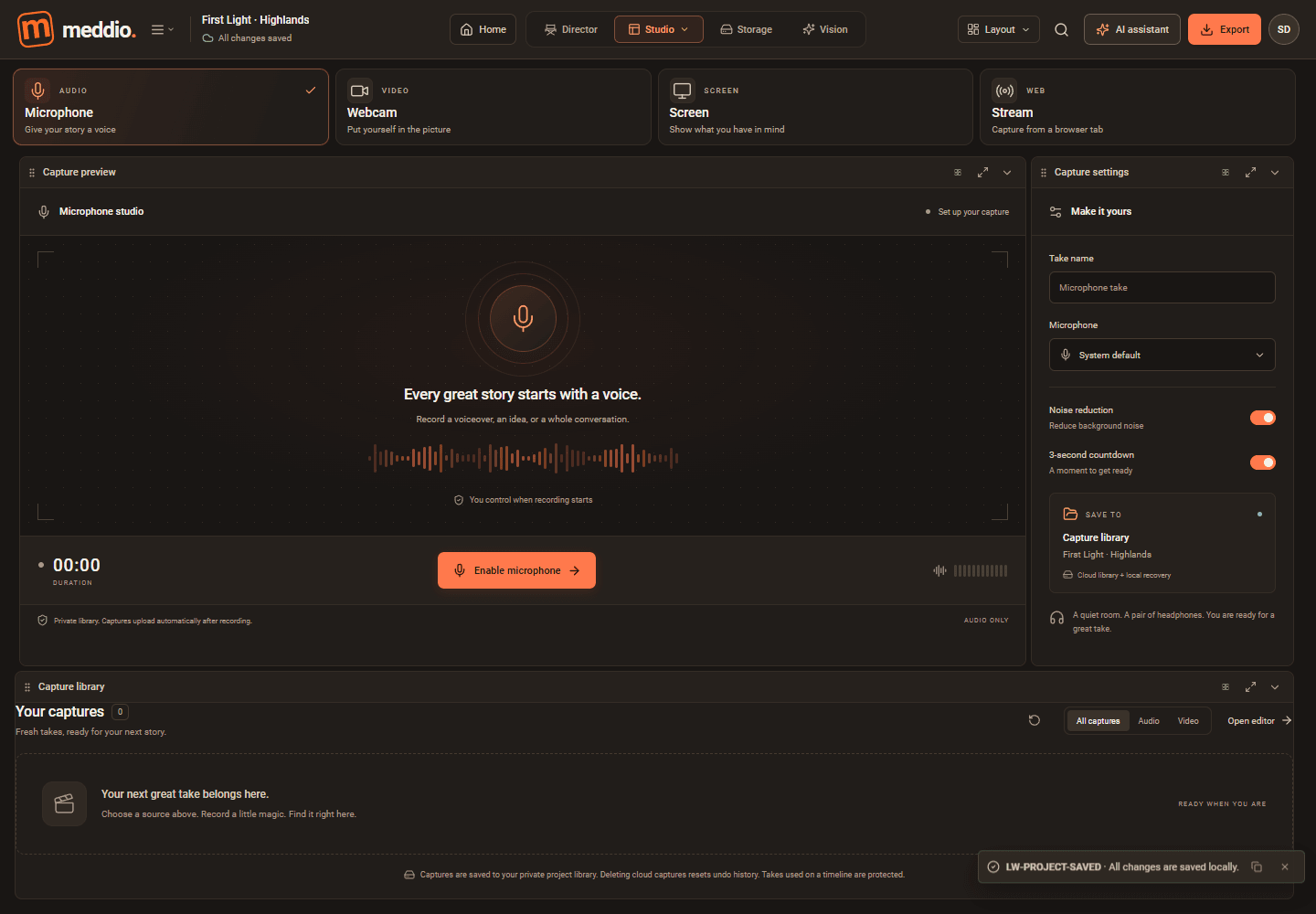 Meddioo — Capture workspace before microphone activation, with source choices, take settings and an empty capture library.