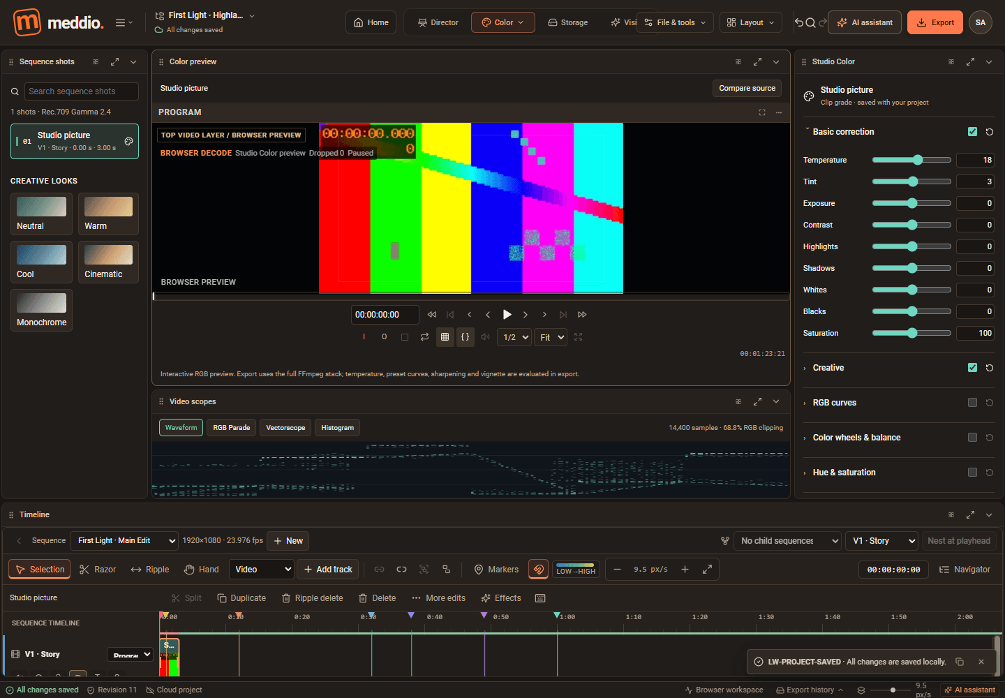 Meddioo — Color workspace with a test-pattern frame, correction sliders, waveform scope and timeline.