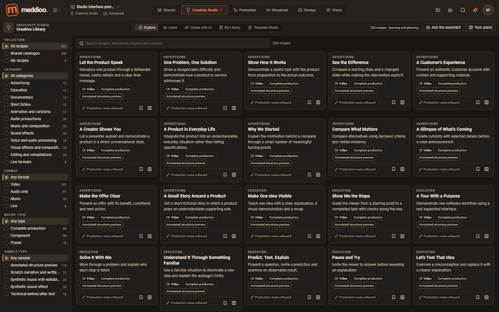 Meddioo — Creativity Studio interface showing creative templates and learning resources