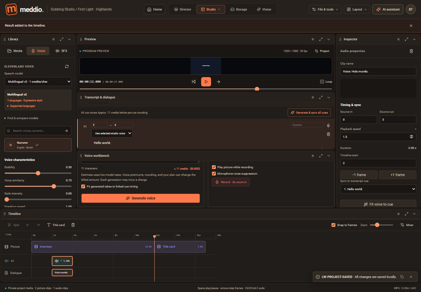 Meddioo — Dubbing Studio with voice controls, a dialogue cue, voice-over script and audio timing controls.