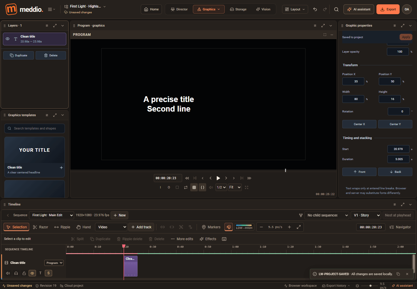 Meddioo — Graphics workspace with an editable title, template list, layer stack and typography controls.