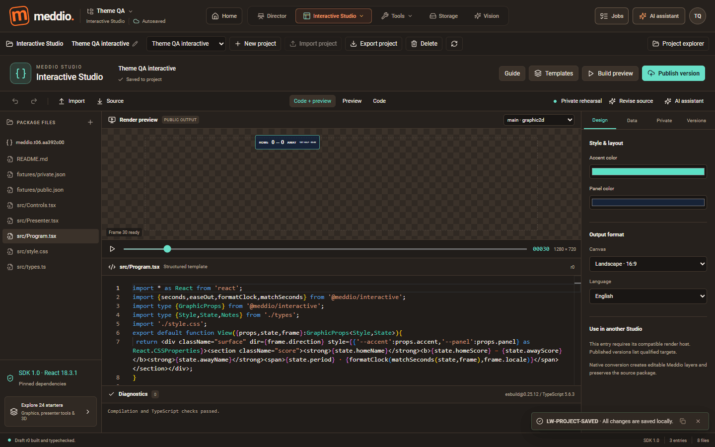 Meddioo — Interactive Studio with its sample scoreboard package, React source, property controls and render preview.