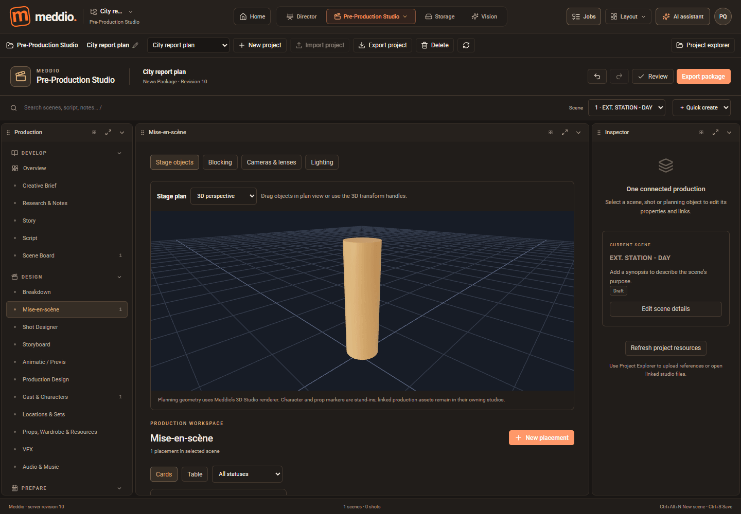 Meddioo — Pre-Production Studio with a sample news-package plan, scene navigation and a three-dimensional staging marker.