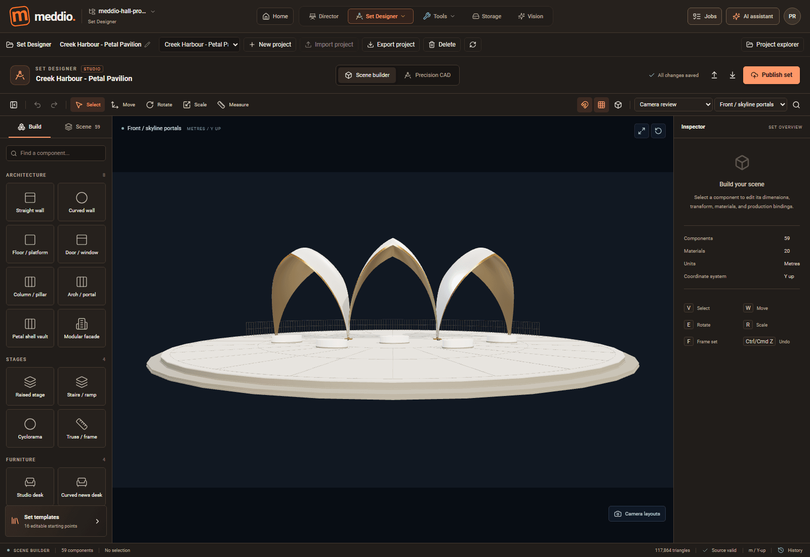 Meddioo — Set Designer displaying a petal pavilion model in the scene builder, with set components and camera controls.