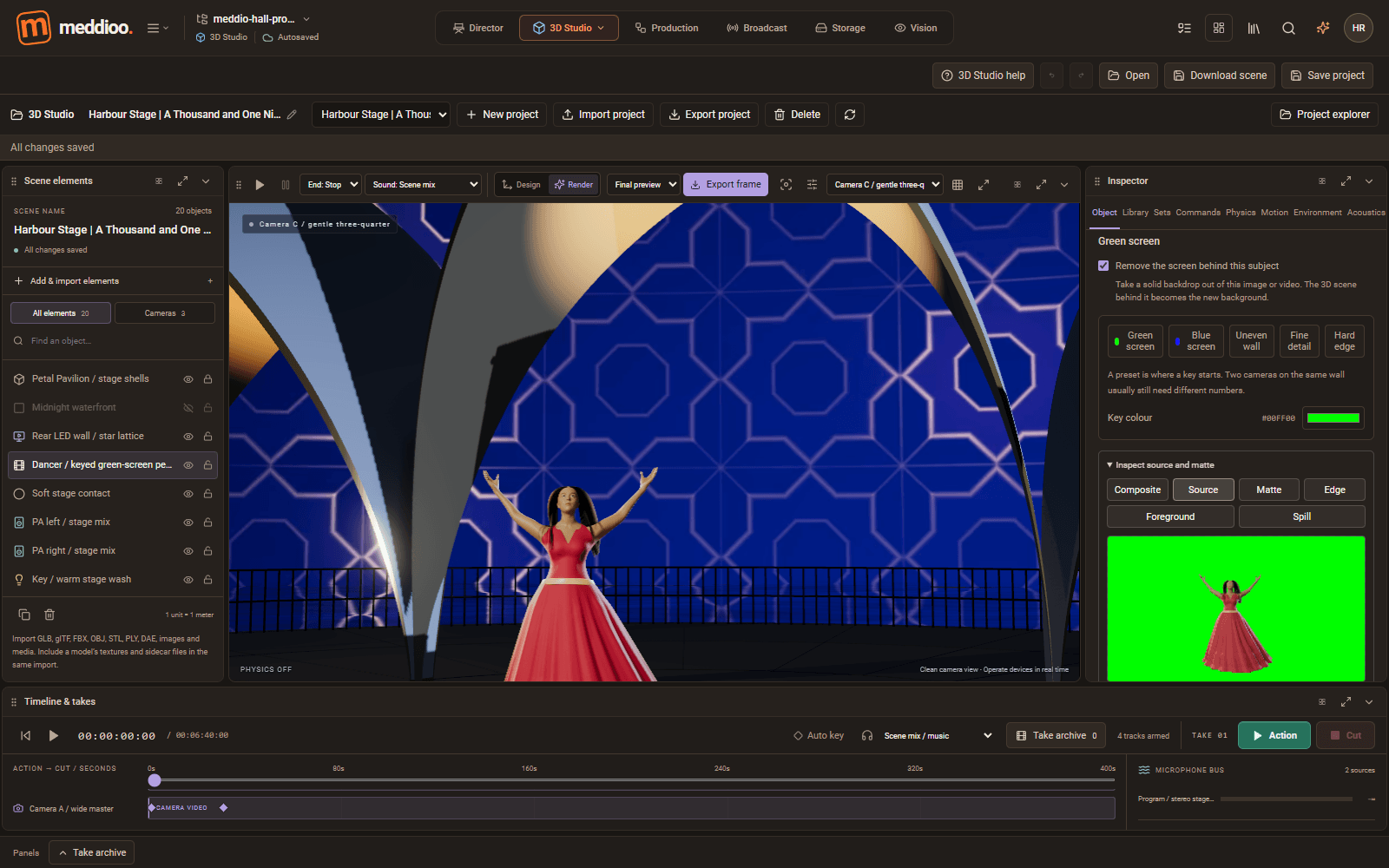 Meddioo — 3D Studio Final preview with a green-screen performer video selected: the performer is keyed in front of the LED wall on the stage, and the inspector's Green screen section shows the key colour and the green plate in its key monitor.