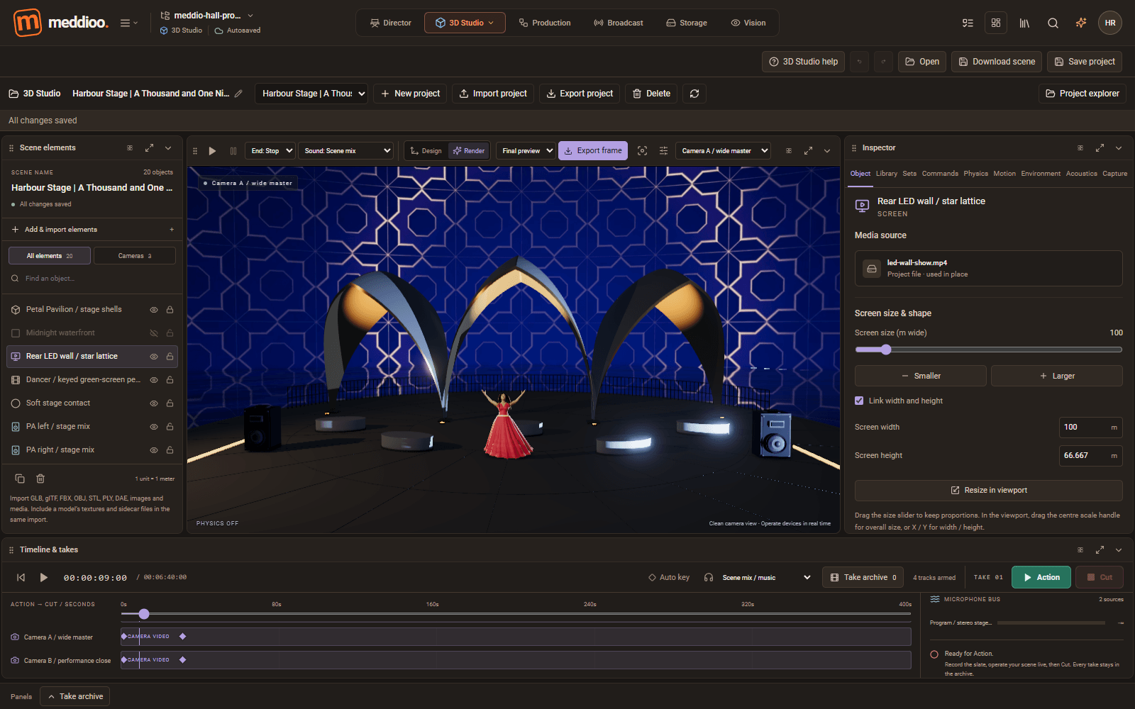 Meddioo — 3D Studio Render mode showing a night-time harbour stage through Camera A: a three-vault pavilion model, a large LED wall with an animated star pattern and a keyed performer, with the LED wall selected and its media source and screen size controls in the inspector.