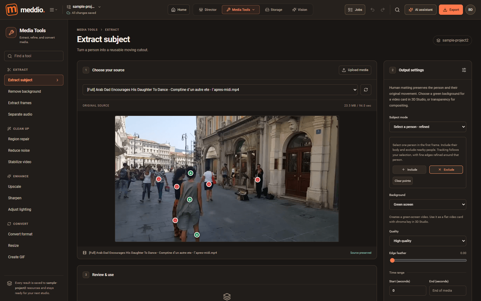 Meddioo — Media Tools Extract Subject interface with an imported source clip, include and exclude points, and processing settings.