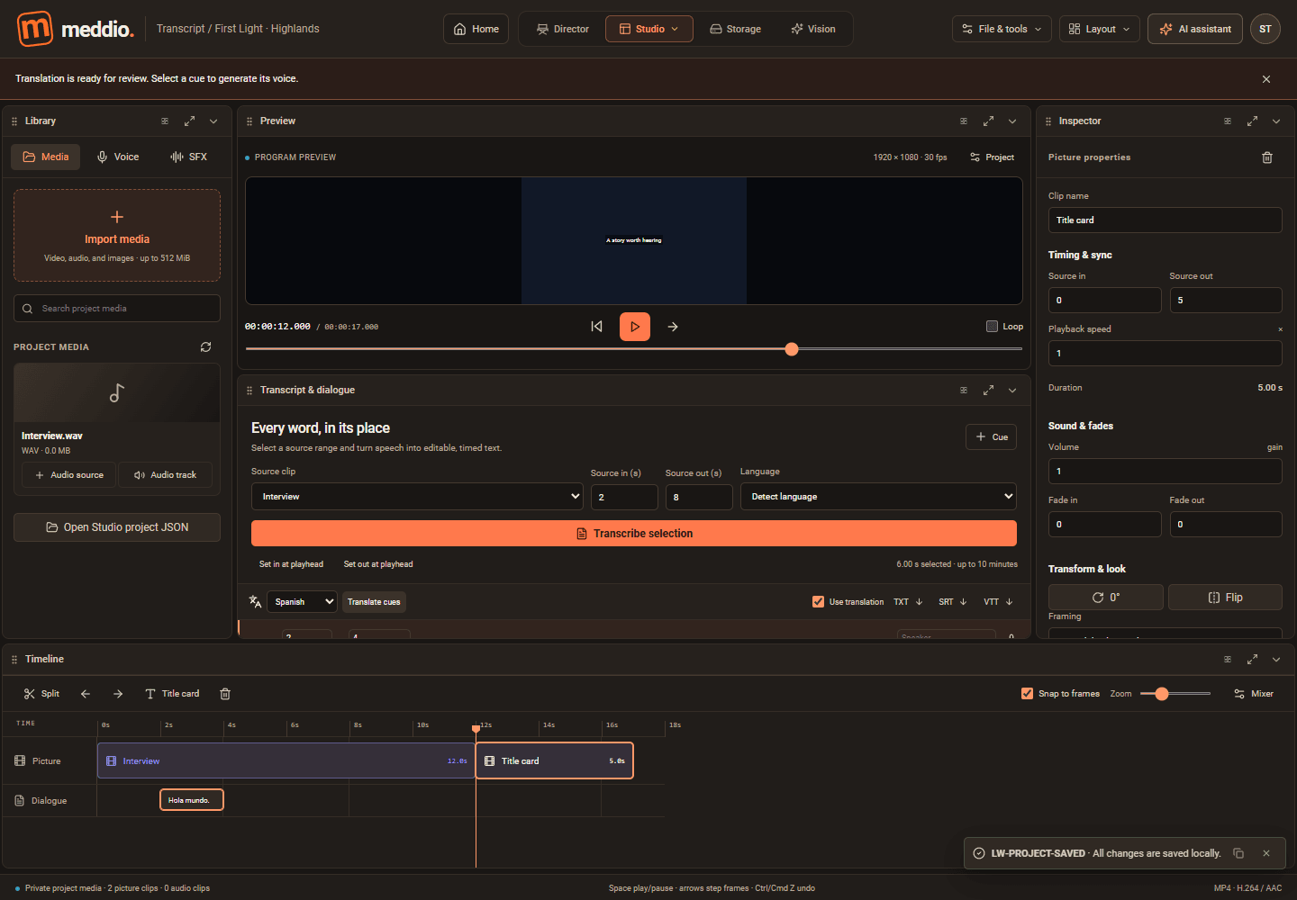 Meddioo — Transcript interface with source selection, cue controls, language selection and a sample media timeline.
