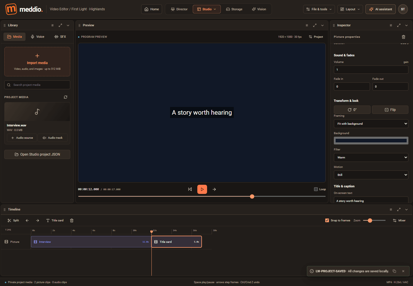 Meddioo — Video Editor with a sample title card, media library, picture controls and a two-clip timeline.
