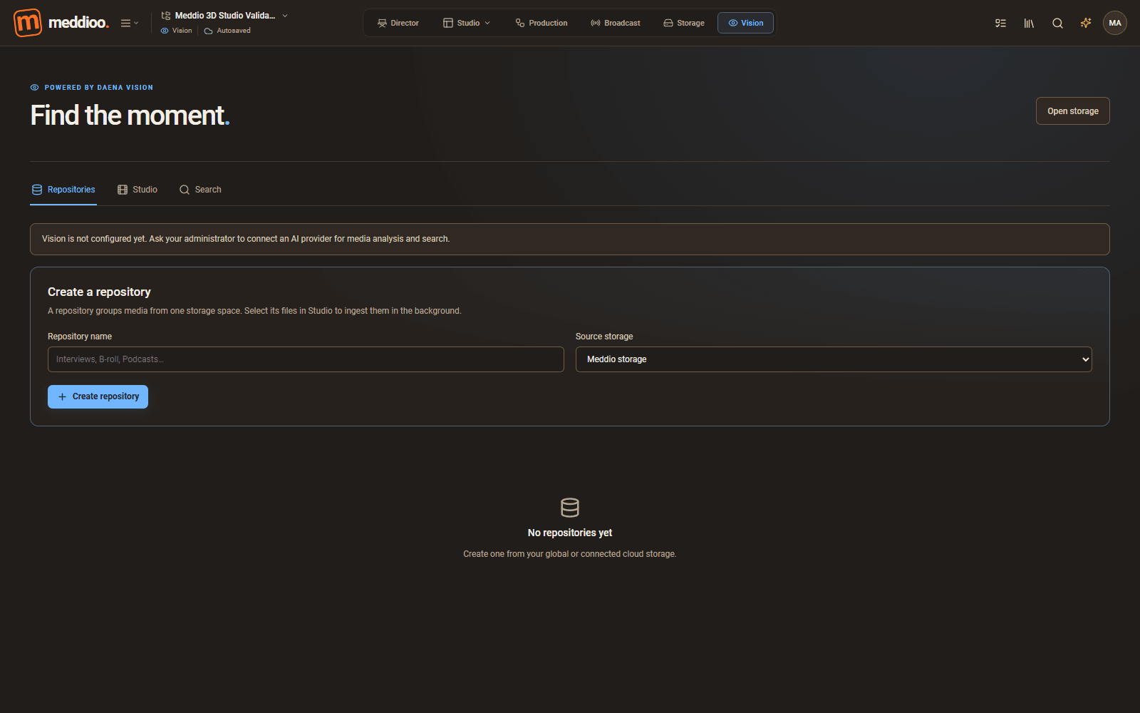 Meddioo — Vision repository workspace displaying its provider-not-configured notice.
